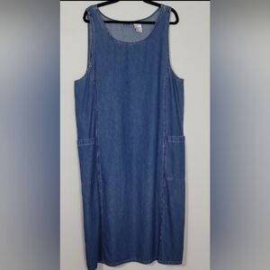 Vintage Womens Denim Overall Maxi Dress Jumper Size XL Cotton Slits Modest